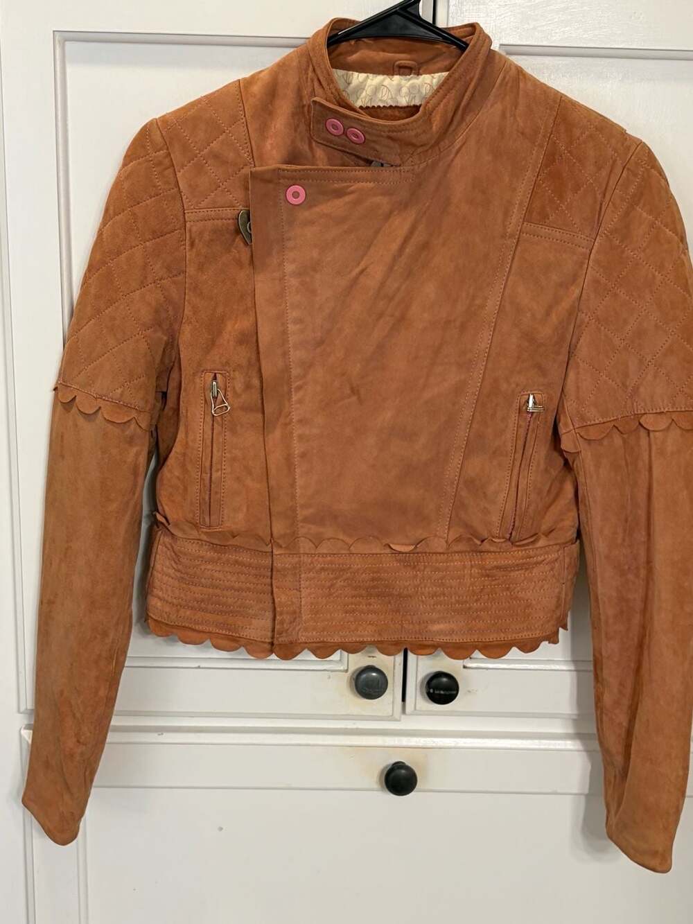 Rare Vintage Luella for Target Suede Moto Jacket Rust Pink Scallop Y2K Leather - Picture 2 of 13